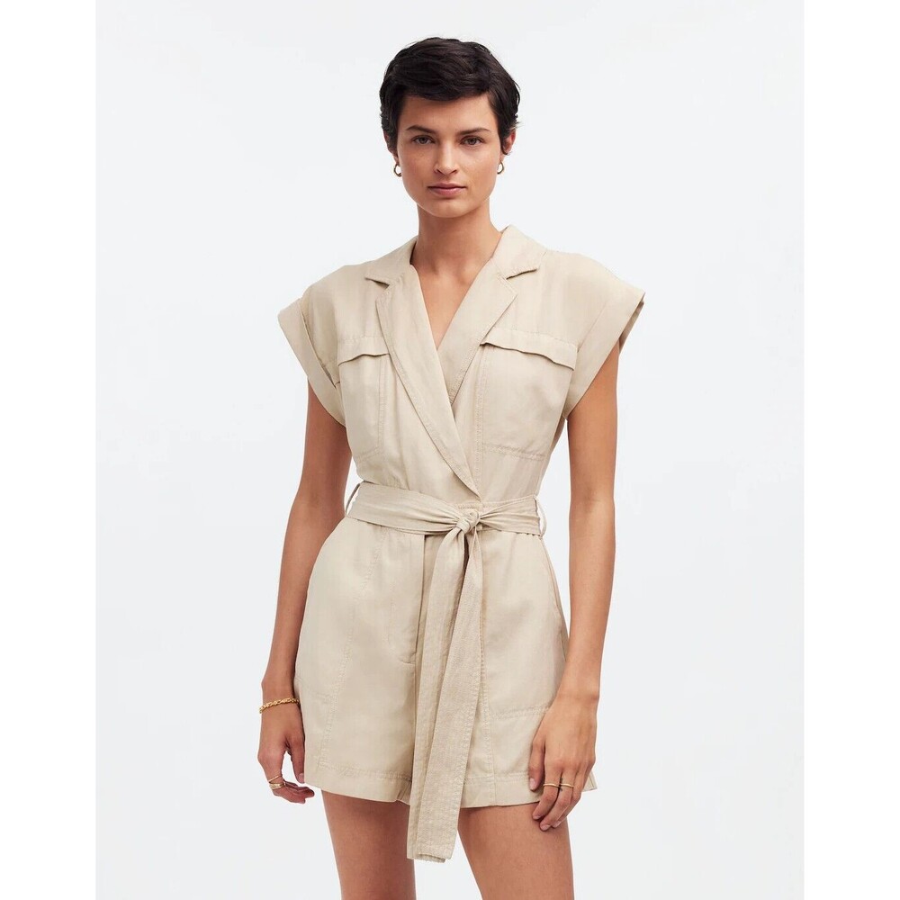 MADEWELL Tie-Waist Muscle Tank Romper 4 Summer Dune Beige Vacay Linen Blend B60